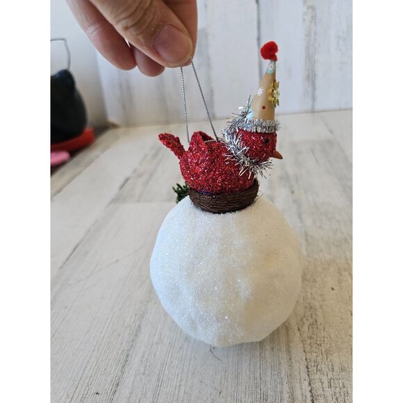 shabby chic Cardinal snowball ornament bird nest Xmas decor - Picture 1 of 10